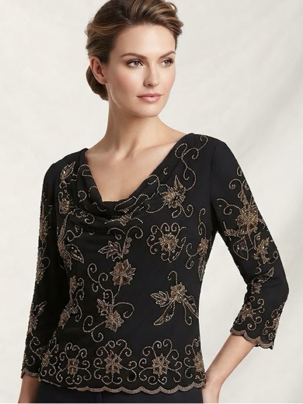 Jacques Vert- Women’s  Gold Sequins V-Neck Cowl Neck Scallop Cocktail Party Top